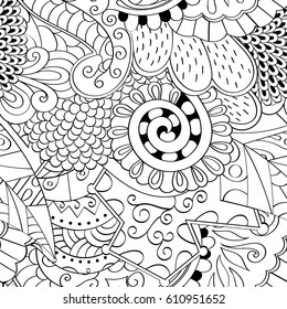 Tracery seamless pattern. Mehndi design. Ethnic monochrome binary doodle texture. Curved doodling black and white background. Vector