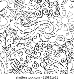 Tracery seamless pattern. Mehndi design. Ethnic monochrome binary doodle texture. Curved doodling black and white background. Vector