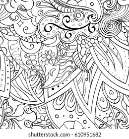 Tracery seamless pattern. Mehndi design. Ethnic monochrome binary doodle texture. Curved doodling black and white background. Vector