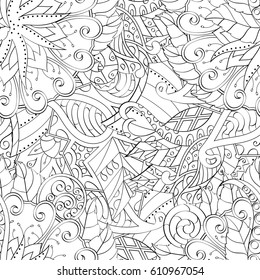 Tracery seamless pattern. Mehndi design. Ethnic monochrome binary doodle texture. Curved doodling black and white background. Vector