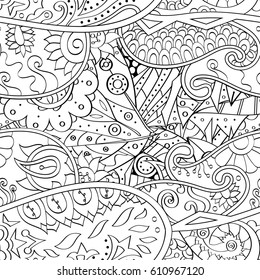 Tracery seamless pattern. Mehndi design. Ethnic monochrome binary doodle texture. Curved doodling black and white background. Vector