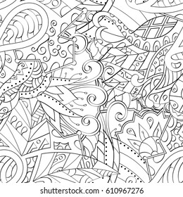 Tracery seamless pattern. Mehndi design. Ethnic monochrome binary doodle texture. Curved doodling black and white background. Vector