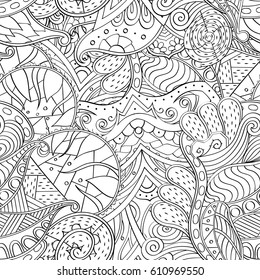 Tracery seamless pattern. Mehndi design. Ethnic monochrome binary doodle texture. Curved doodling black and white background. Vector