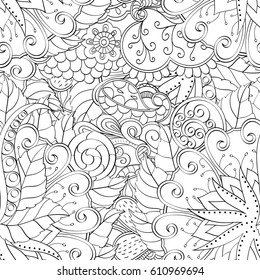 Tracery seamless pattern. Mehndi design. Ethnic monochrome binary doodle texture. Curved doodling black and white background. Vector