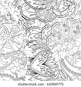 Tracery seamless pattern. Mehndi design. Ethnic monochrome binary doodle texture. Curved doodling black and white background. Vector