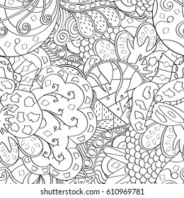 Tracery seamless pattern. Mehndi design. Ethnic monochrome binary doodle texture. Curved doodling black and white background. Vector