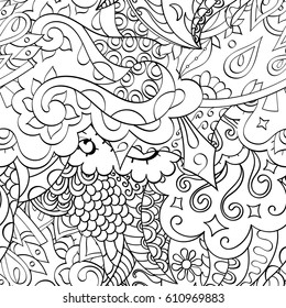 Tracery seamless pattern. Mehndi design. Ethnic monochrome binary doodle texture. Curved doodling black and white background. Vector