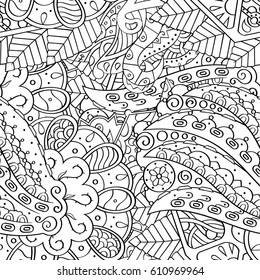 Tracery seamless pattern. Mehndi design. Ethnic monochrome binary doodle texture. Curved doodling black and white background. Vector