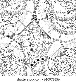 Tracery seamless pattern. Mehndi design. Ethnic monochrome binary doodle texture. Curved doodling black and white background. Vector