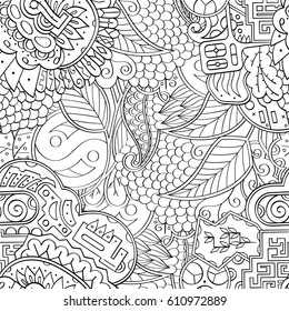 Tracery seamless pattern. Mehndi design. Ethnic monochrome binary doodle texture. Curved doodling black and white background. Vector