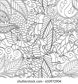 Tracery seamless pattern. Mehndi design. Ethnic monochrome binary doodle texture. Curved doodling black and white background. Vector