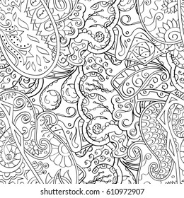 Tracery seamless pattern. Mehndi design. Ethnic monochrome binary doodle texture. Curved doodling black and white background. Vector