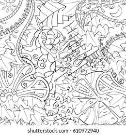 Tracery seamless pattern. Mehndi design. Ethnic monochrome binary doodle texture. Curved doodling black and white background. Vector