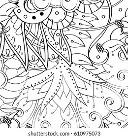Tracery seamless pattern. Mehndi design. Ethnic monochrome binary doodle texture. Curved doodling black and white background. Vector