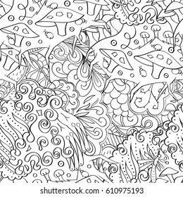 Tracery seamless pattern. Mehndi design. Ethnic monochrome binary doodle texture. Curved doodling black and white background. Vector