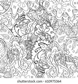 Tracery seamless pattern. Mehndi design. Ethnic monochrome binary doodle texture. Curved doodling black and white background. Vector