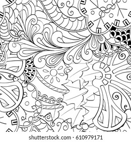 Tracery seamless pattern. Mehndi design. Ethnic monochrome binary doodle texture. Curved doodling black and white background. Vector