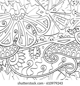 Tracery seamless pattern. Mehndi design. Ethnic monochrome binary doodle texture. Curved doodling black and white background. Vector