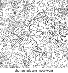 Tracery seamless pattern. Mehndi design. Ethnic monochrome binary doodle texture. Curved doodling black and white background. Vector