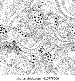 Tracery seamless pattern. Mehndi design. Ethnic monochrome binary doodle texture. Curved doodling black and white background. Vector