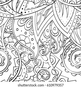 Tracery seamless pattern. Mehndi design. Ethnic monochrome binary doodle texture. Curved doodling black and white background. Vector
