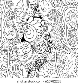 Tracery seamless pattern. Mehndi design. Ethnic monochrome binary doodle texture. Curved doodling black and white background. Vector