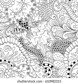 Tracery seamless pattern. Mehndi design. Ethnic monochrome binary doodle texture. Curved doodling black and white background. Vector