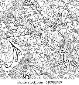 Tracery seamless pattern. Mehndi design. Ethnic monochrome binary doodle texture. Curved doodling black and white background. Vector
