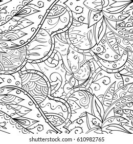Tracery seamless pattern. Mehndi design. Ethnic monochrome binary doodle texture. Curved doodling black and white background. Vector