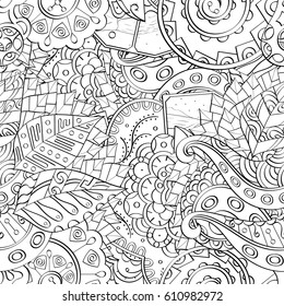 Tracery seamless pattern. Mehndi design. Ethnic monochrome binary doodle texture. Curved doodling black and white background. Vector