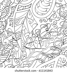 Tracery seamless pattern. Mehndi design. Ethnic monochrome binary doodle texture. Curved doodling black and white background. Vector