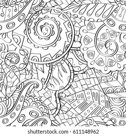 Tracery seamless pattern. Mehndi design. Ethnic monochrome binary doodle texture. Curved doodling black and white background. Vector