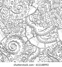 Tracery seamless pattern. Mehndi design. Ethnic monochrome binary doodle texture. Curved doodling black and white background. Vector