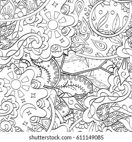 Tracery seamless pattern. Mehndi design. Ethnic monochrome binary doodle texture. Curved doodling black and white background. Vector