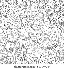 Tracery seamless pattern. Mehndi design. Ethnic monochrome binary doodle texture. Curved doodling black and white background. Vector
