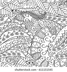 Tracery seamless pattern. Mehndi design. Ethnic monochrome binary doodle texture. Curved doodling black and white background. Vector