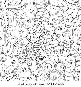 Tracery seamless pattern. Mehndi design. Ethnic monochrome binary doodle texture. Curved doodling black and white background. Vector