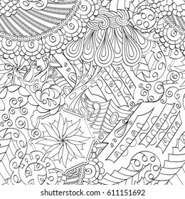 Tracery seamless pattern. Mehndi design. Ethnic monochrome binary doodle texture. Curved doodling black and white background. Vector