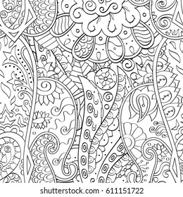 Tracery seamless pattern. Mehndi design. Ethnic monochrome binary doodle texture. Curved doodling black and white background. Vector