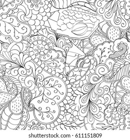 Tracery seamless pattern. Mehndi design. Ethnic monochrome binary doodle texture. Curved doodling black and white background. Vector