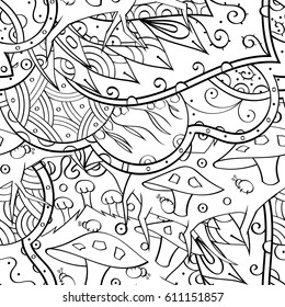 Tracery seamless pattern. Mehndi design. Ethnic monochrome binary doodle texture. Curved doodling black and white background. Vector