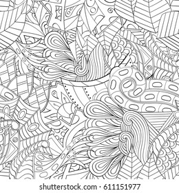 Tracery seamless pattern. Mehndi design. Ethnic monochrome binary doodle texture. Curved doodling black and white background. Vector