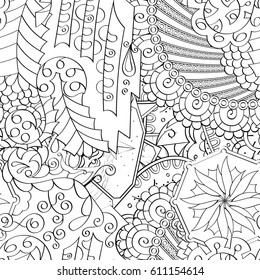 Tracery seamless pattern. Mehndi design. Ethnic monochrome binary doodle texture. Curved doodling black and white background. Vector