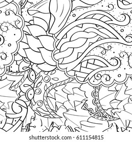 Tracery seamless pattern. Mehndi design. Ethnic monochrome binary doodle texture. Curved doodling black and white background. Vector