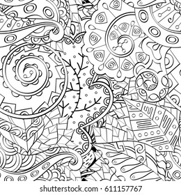 Tracery seamless pattern. Mehndi design. Ethnic monochrome binary doodle texture. Curved doodling black and white background. Vector