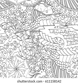Tracery seamless pattern. Mehndi design. Ethnic monochrome binary doodle texture. Curved doodling black and white background. Vector