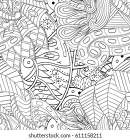 Tracery seamless pattern. Mehndi design. Ethnic monochrome binary doodle texture. Curved doodling black and white background. Vector