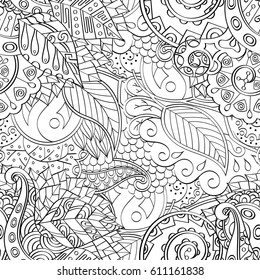 Tracery seamless pattern. Mehndi design. Ethnic monochrome binary doodle texture. Curved doodling black and white background. Vector