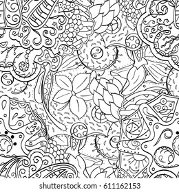 Tracery seamless pattern. Mehndi design. Ethnic monochrome binary doodle texture. Curved doodling black and white background. Vector