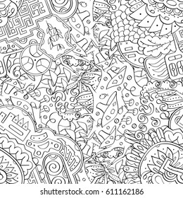 Tracery seamless pattern. Mehndi design. Ethnic monochrome binary doodle texture. Curved doodling black and white background. Vector